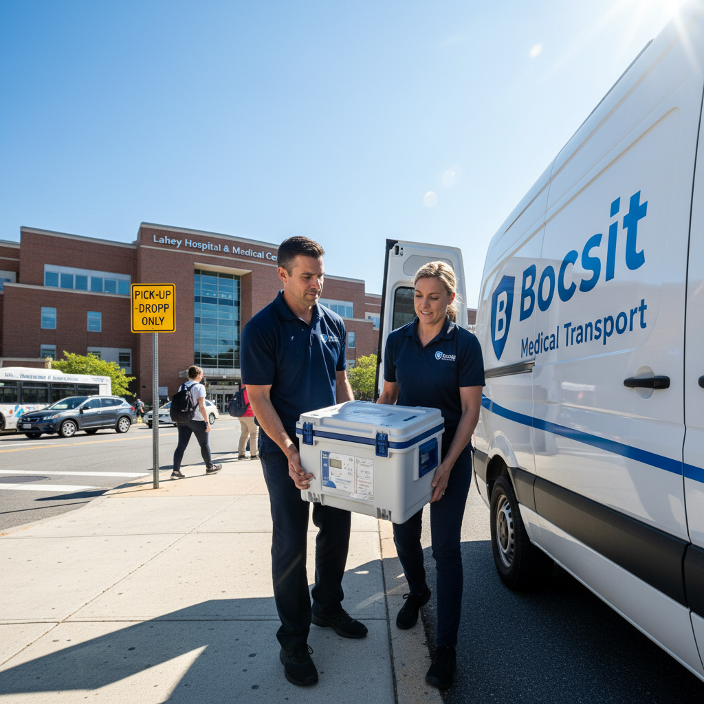 Action shot of two Bocsit couriers, a man and a woman in their late 30s, wearing company-branded navy blue uniform shirts with the Bocsit logo promine