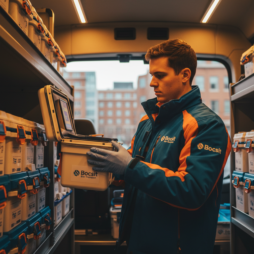 Close-up shot inside a Bocsit temperature-controlled medical transport van. A 28-year-old Bocsit courier wearing a company-branded jacket, is meticulo
