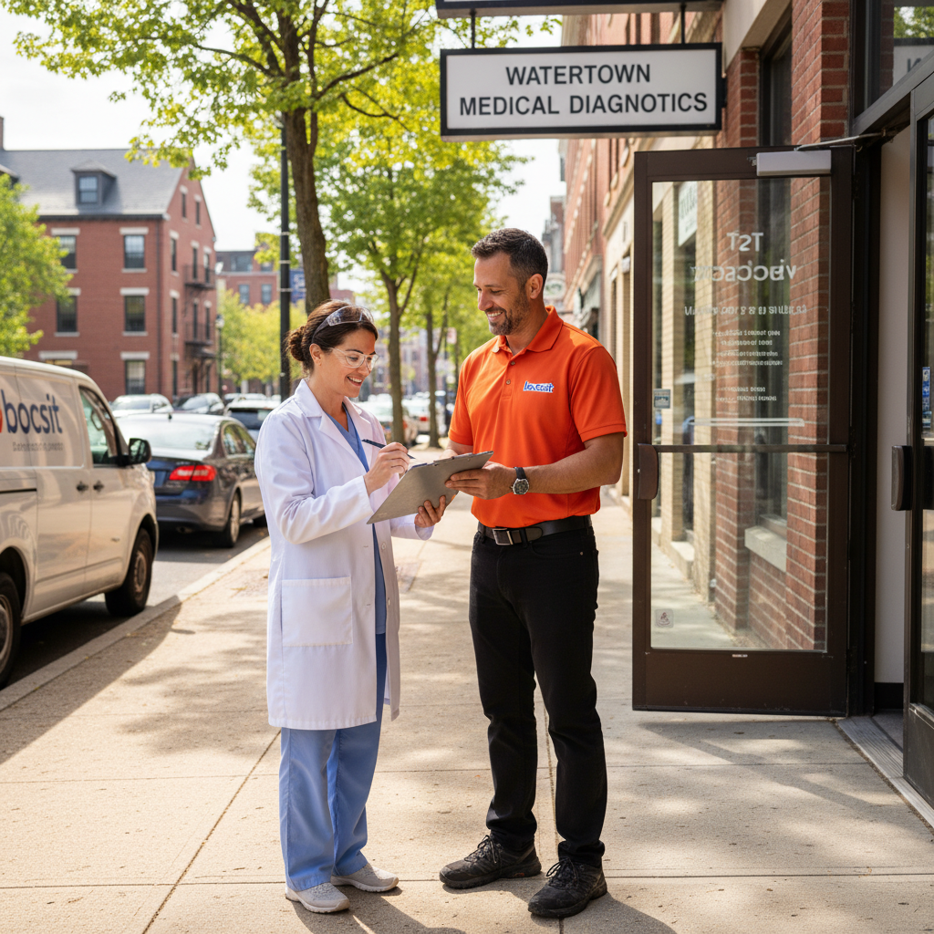 A 40-year-old Bocsit courier wearing a company-branded polo shirt with a visible logo patch, is handing a clipboard to a lab technician in front of a 