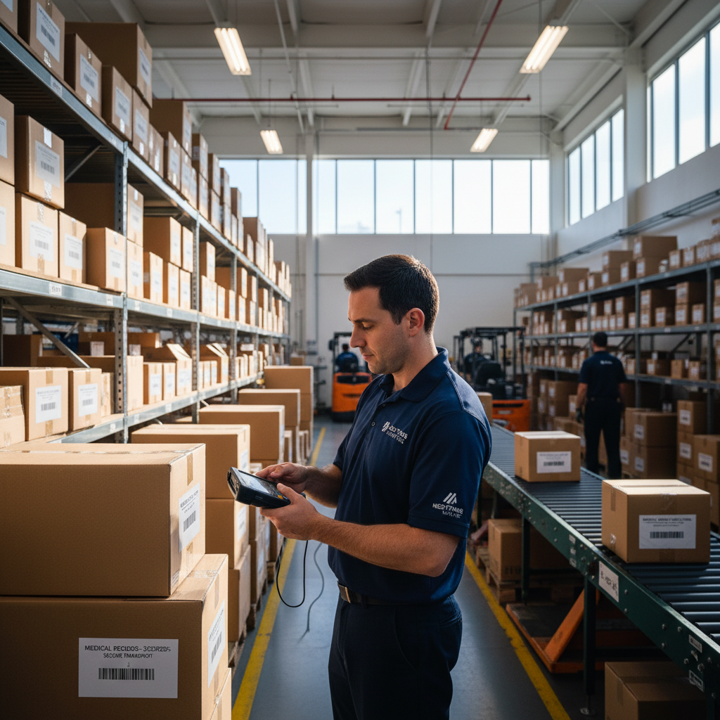 A 35-year-old male medical courier, dressed in a company-branded uniform shirt with visible logo, uses a handheld scanner to verify a shipment of medi