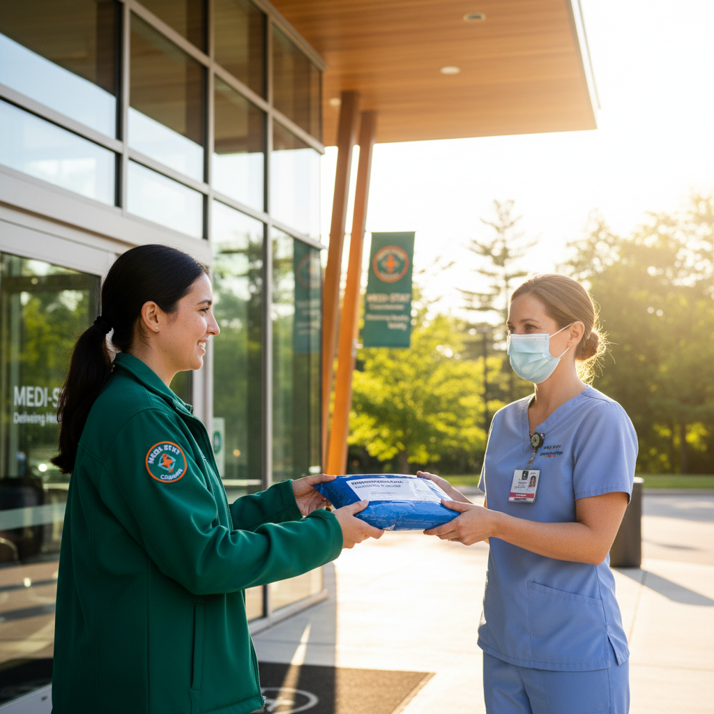 Hyperrealistic image of a 28-year-old female medical courier in a company-branded green jacket with a visible logo patch, handing a secure package of
