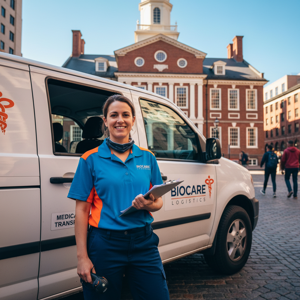 Vibrant image showing a medical courier in a branded uniform standing next to a company-branded vehicle parked outside a recognizable building in Bost