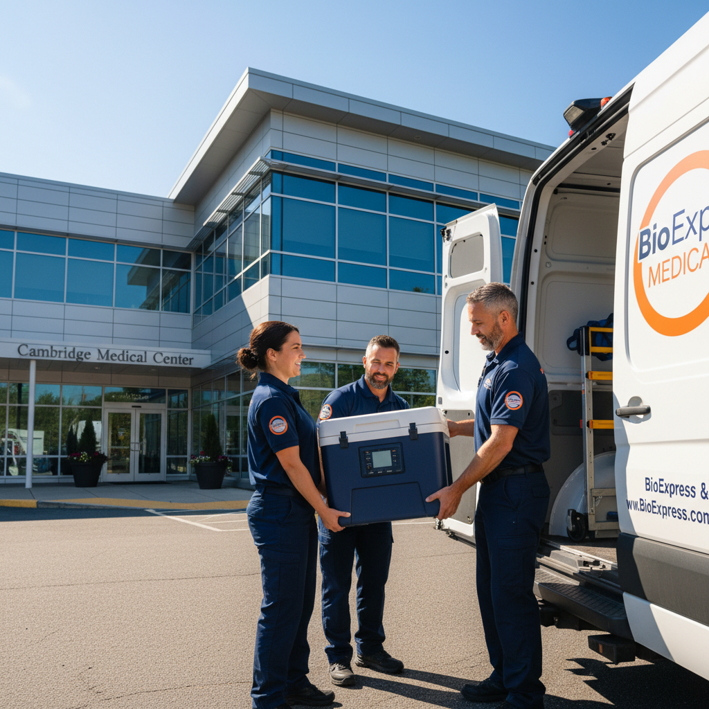 Action shot of two medical delivery technicians, ages 30 and 45, wearing vibrant company-branded navy blue uniforms with logo patches, carefully loadi