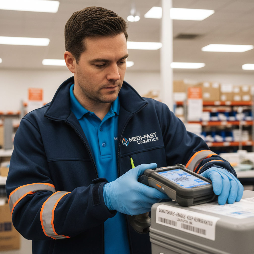 A hyperrealistic close-up of a 35-year-old medical courier wearing a branded company jacket over a company logo shirt, using a handheld scanner to ver