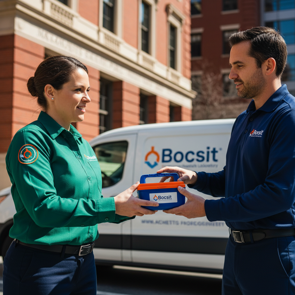 A 40-year-old lab technician wearing a branded green Bocsit uniform shirt with logo patch, handing off a rabies sample transport container to a Bocsit