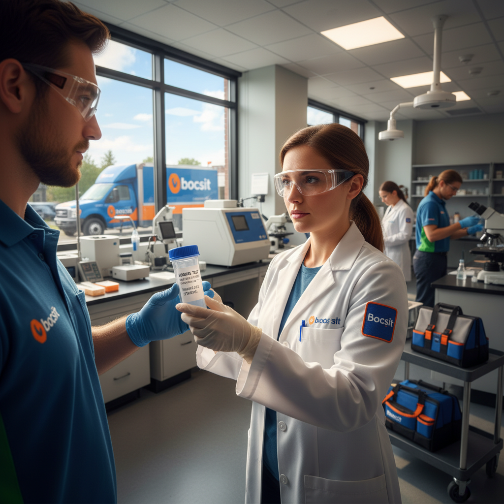 Close-up action shot of a 28-year-old lab technician wearing a Bocsit-branded lab coat and safety glasses, carefully receiving a rabies testing sample