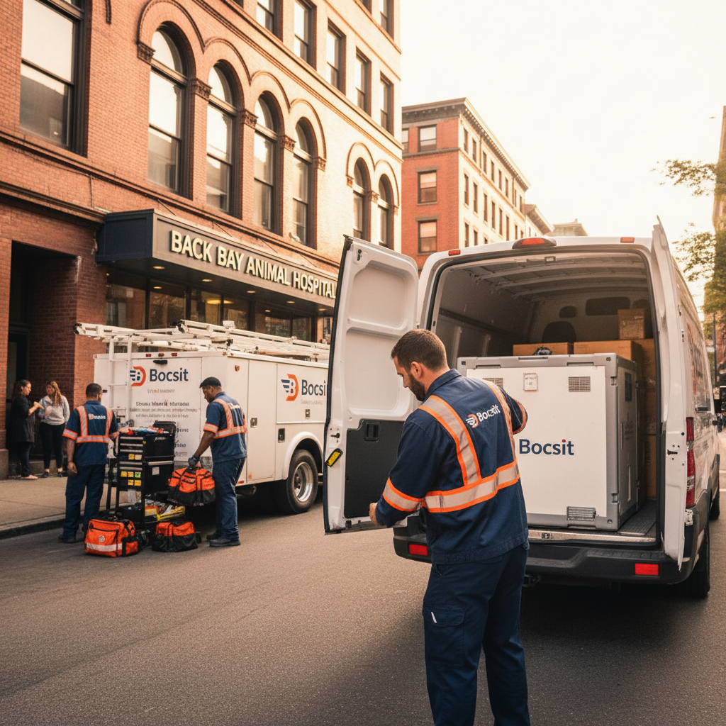 A 35-year-old Bocsit courier wearing a vibrant navy blue Bocsit-branded uniform with reflective stripes, carefully loading a temperature-controlled me