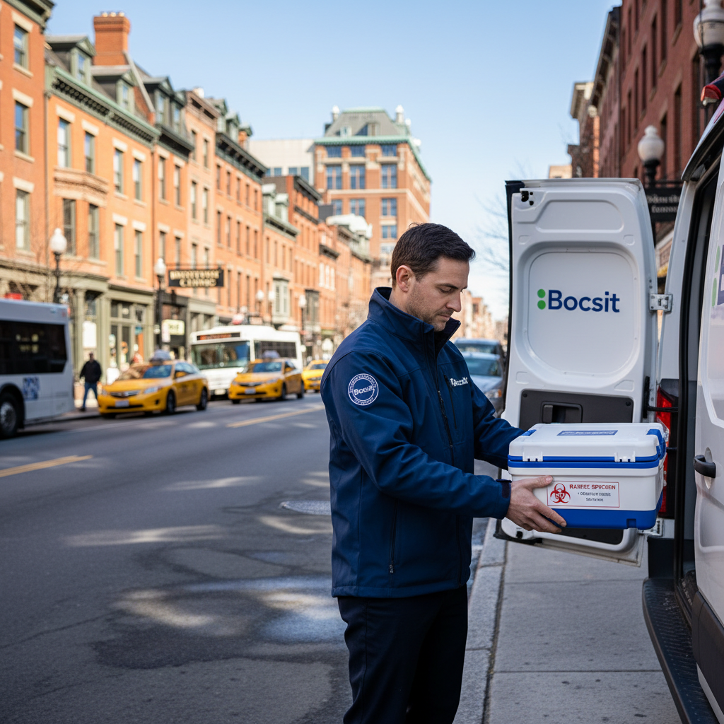 A hyperrealistic action shot of a 35-year-old Bocsit courier wearing a bright navy blue Bocsit-branded uniform jacket with a clear Bocsit logo patch o