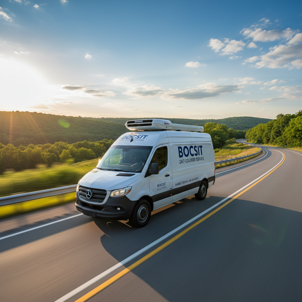 A hyperrealistic establishing shot of a Bocsit-branded temperature-controlled delivery van speeding down a highway in rural Massachusetts, en route to