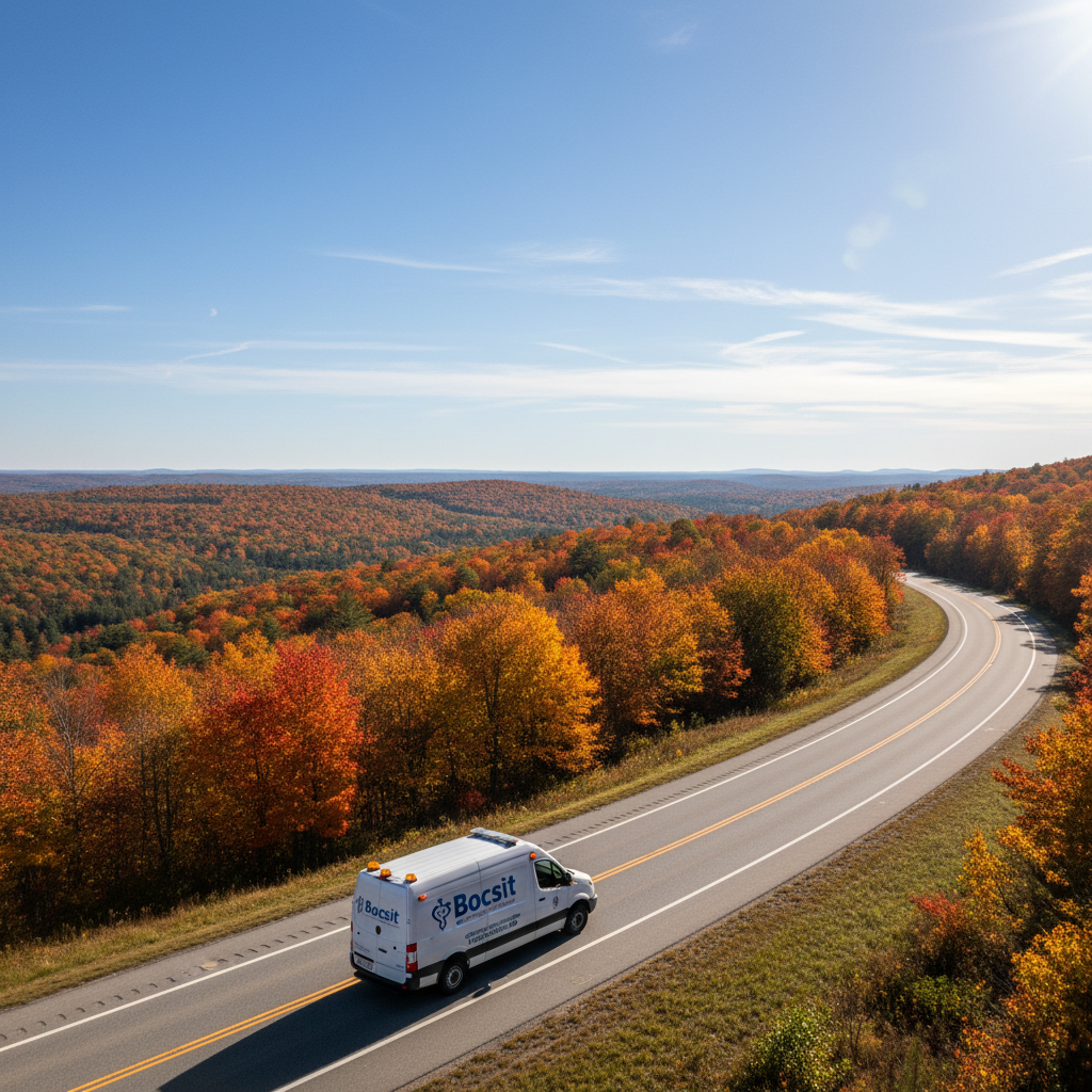 A wider shot showing a Bocsit-branded medical courier van driving along a scenic highway in rural Massachusetts during the fall. The landscape feature