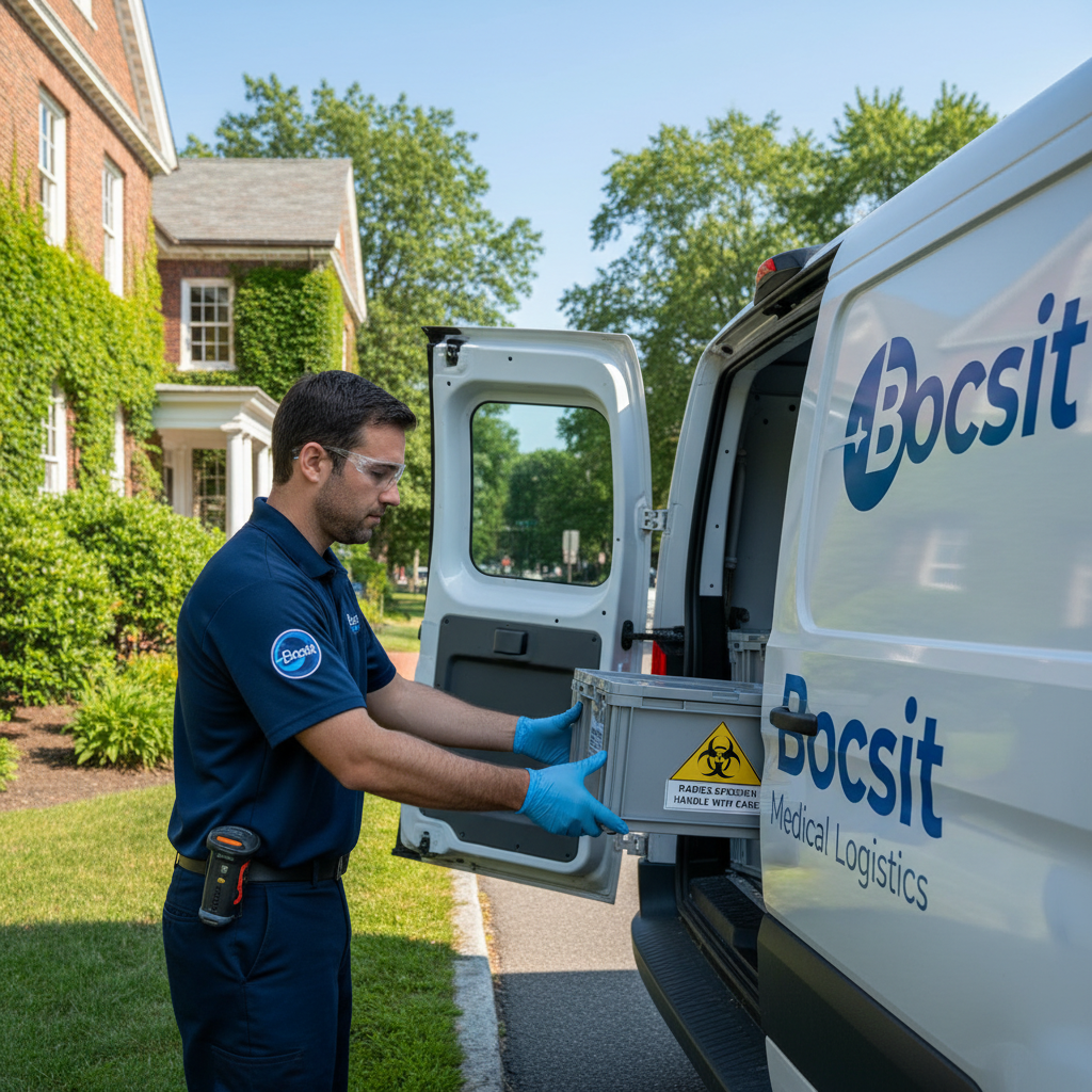 A 35-year-old Bocsit medical courier, wearing a vibrant Bocsit-branded navy blue uniform shirt with a clearly visible logo patch on the left arm, is c
