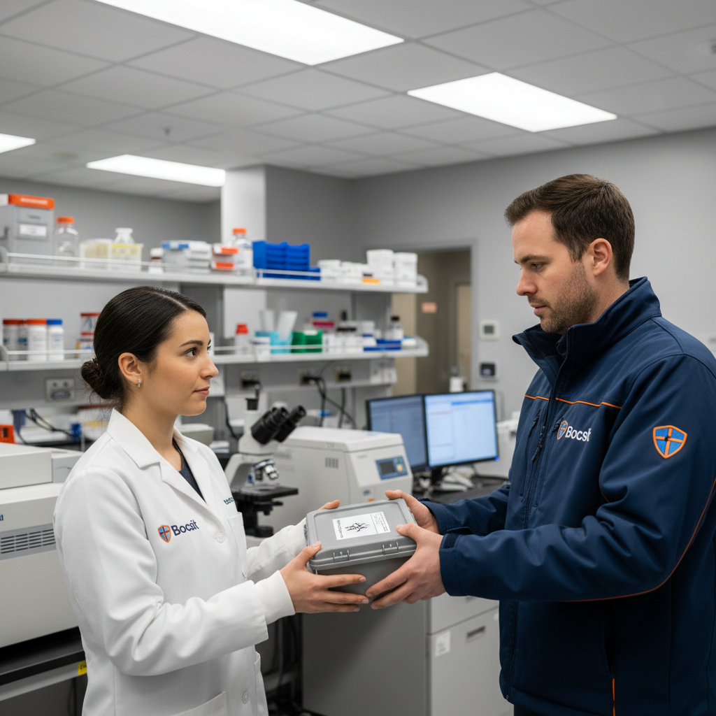 Inside a state-certified rabies testing laboratory in Massachusetts, a 28-year-old lab technician wearing a Bocsit-branded lab coat with the Bocsit lo