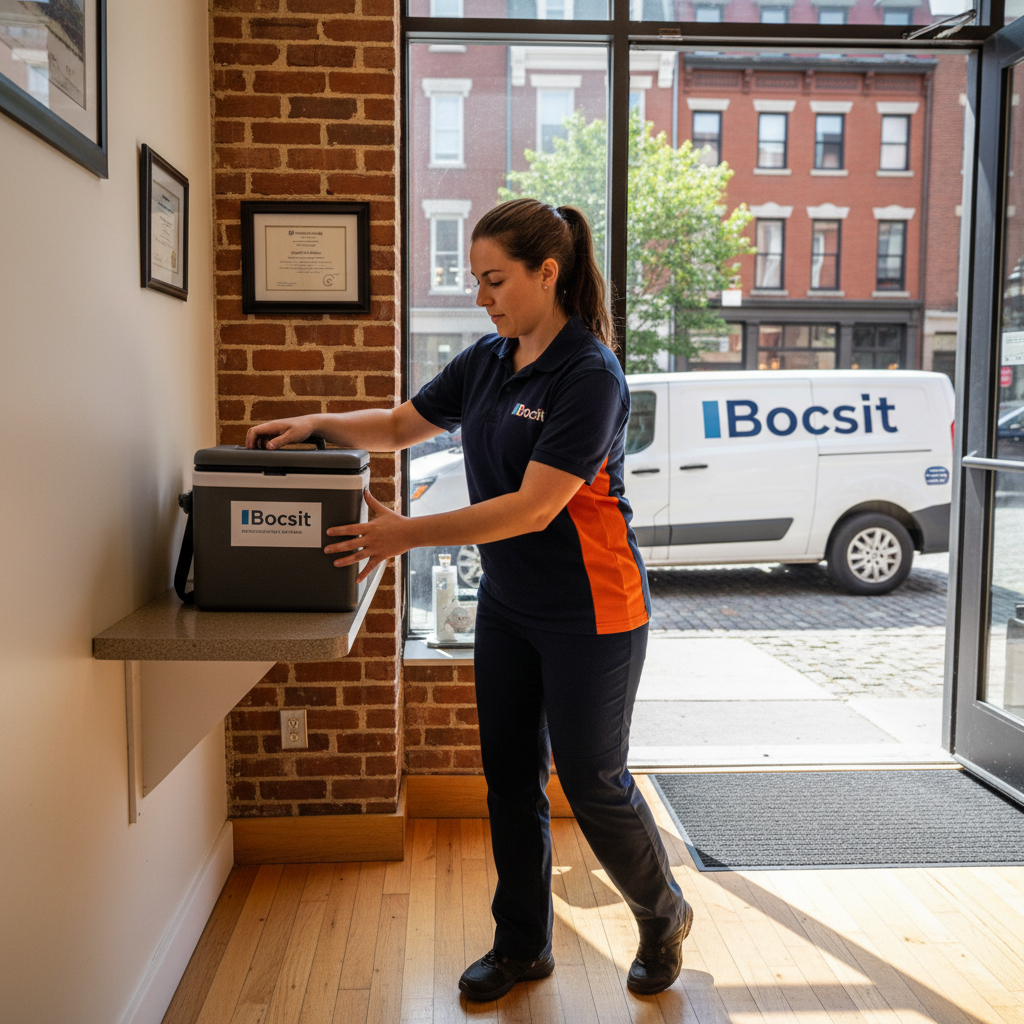 A 35-year-old Bocsit courier wearing a vibrant navy blue Bocsit-branded uniform with a prominent logo patch on the shoulder, carefully retrieving a me