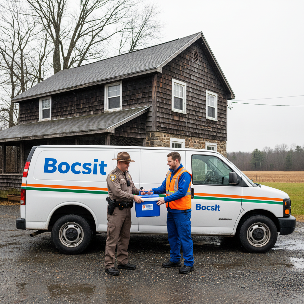 A wide shot of a Bocsit-branded delivery van parked outside a rural animal control facility in western Massachusetts. The facility has weathered wood 
