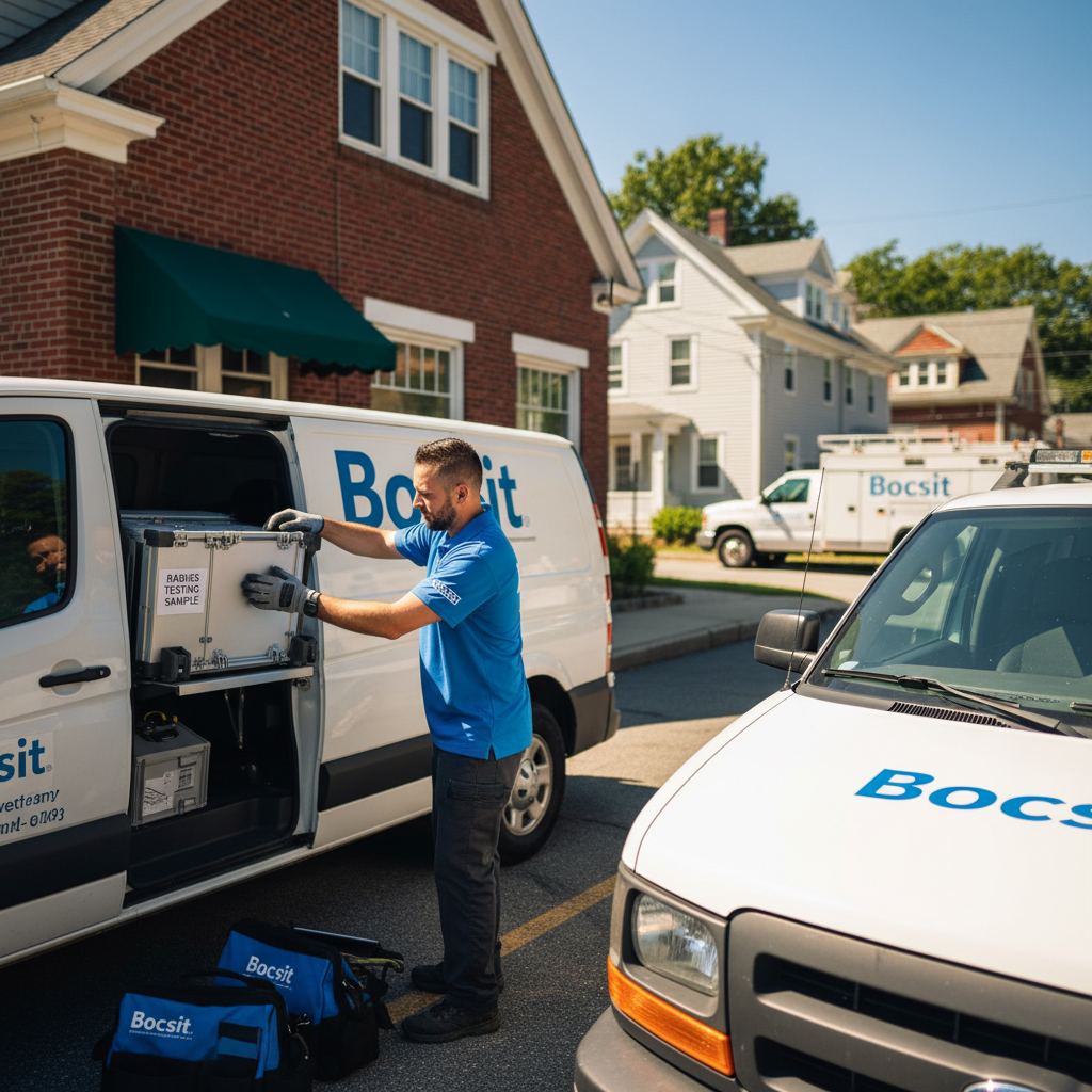 A 35-year-old Bocsit courier wearing a bright blue Bocsit-branded uniform shirt with the Bocsit logo patch on the sleeve, carefully loading a temperat