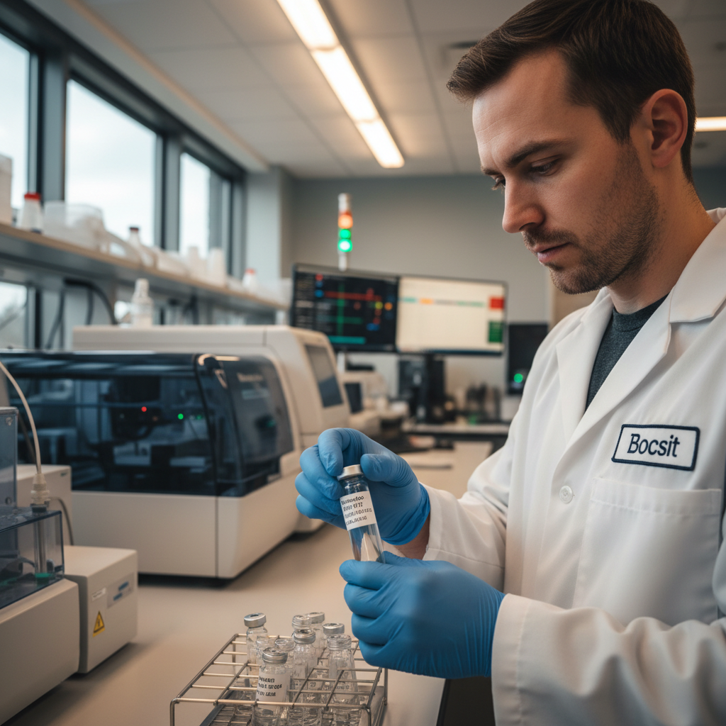 Close-up shot of a 30-year-old Bocsit lab technician wearing a white lab coat with a Bocsit logo patch and protective gloves, carefully labeling a rab