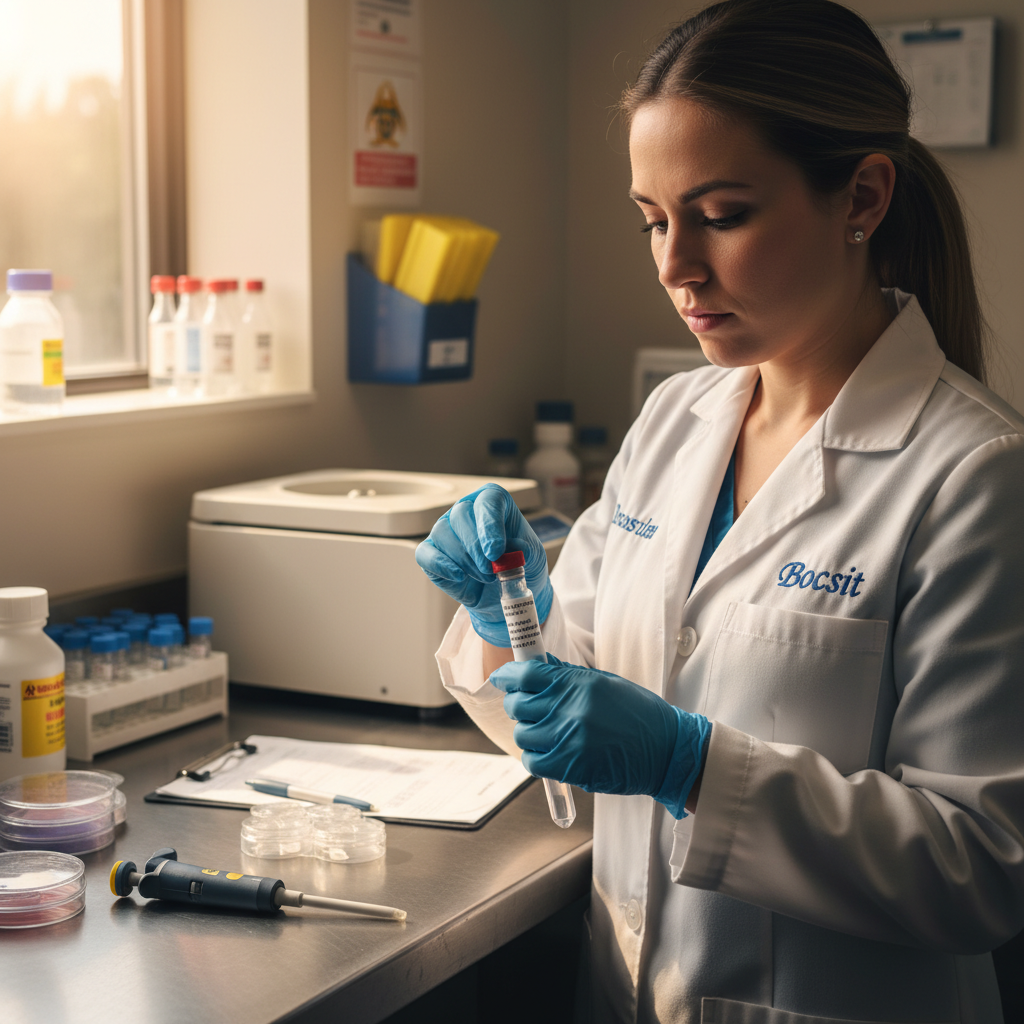HYPERREALISTIC close-up photo of a 28-year-old veterinary technician wearing a Bocsit-branded lab coat preparing a rabies sample for transport inside 