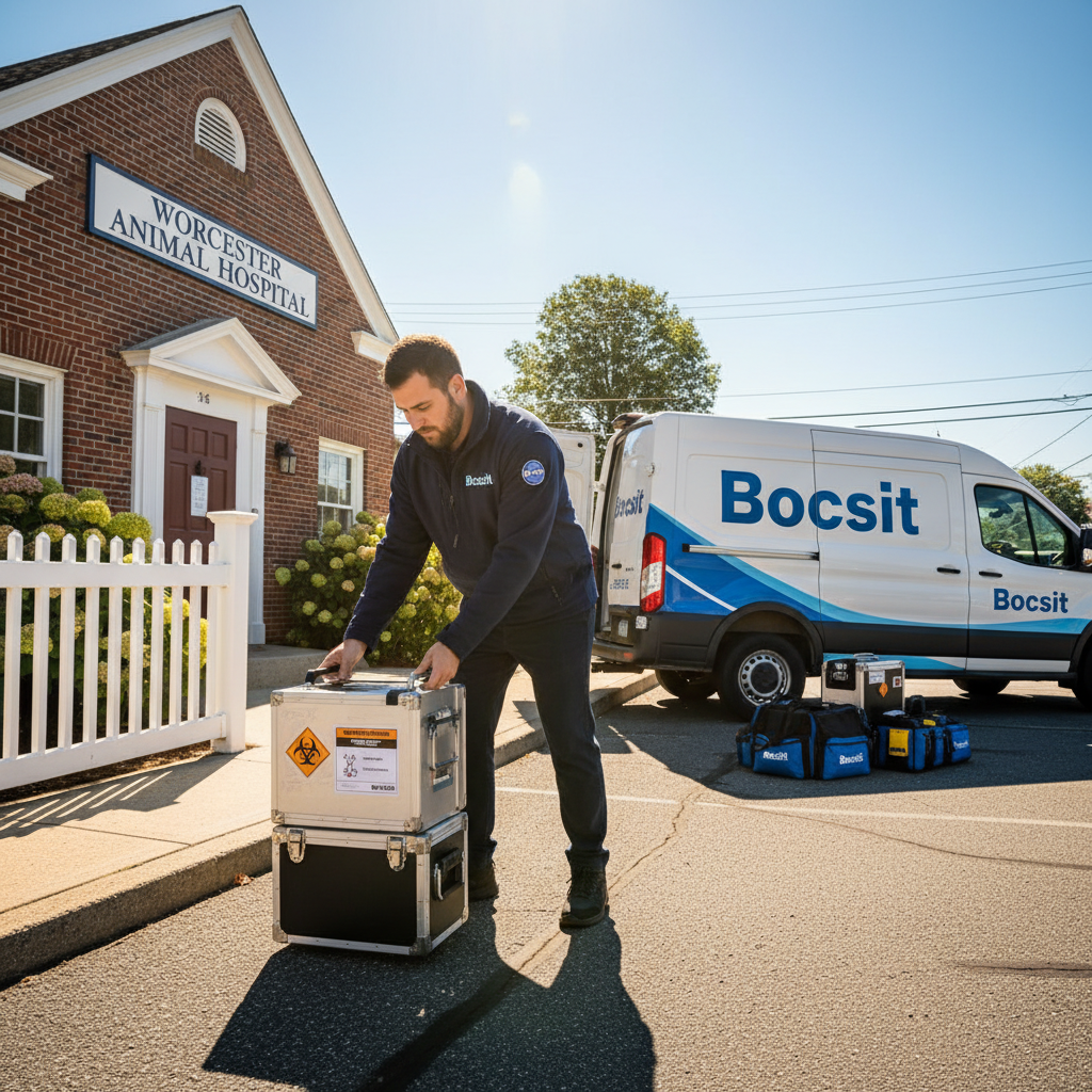 Hyperrealistic photo of a 35-year-old Bocsit courier wearing a branded navy blue Bocsit jacket with logo patch, carefully loading a temperature-contro