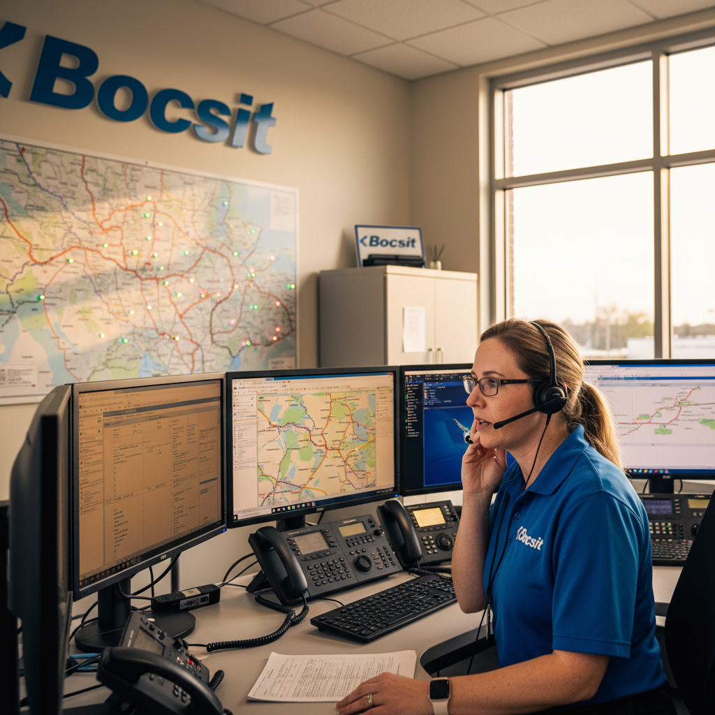 VIBRANT, hyperrealistic image of a Bocsit dispatcher, a 40-year-old woman with glasses, wearing a Bocsit-branded polo shirt, coordinating a rabies sam