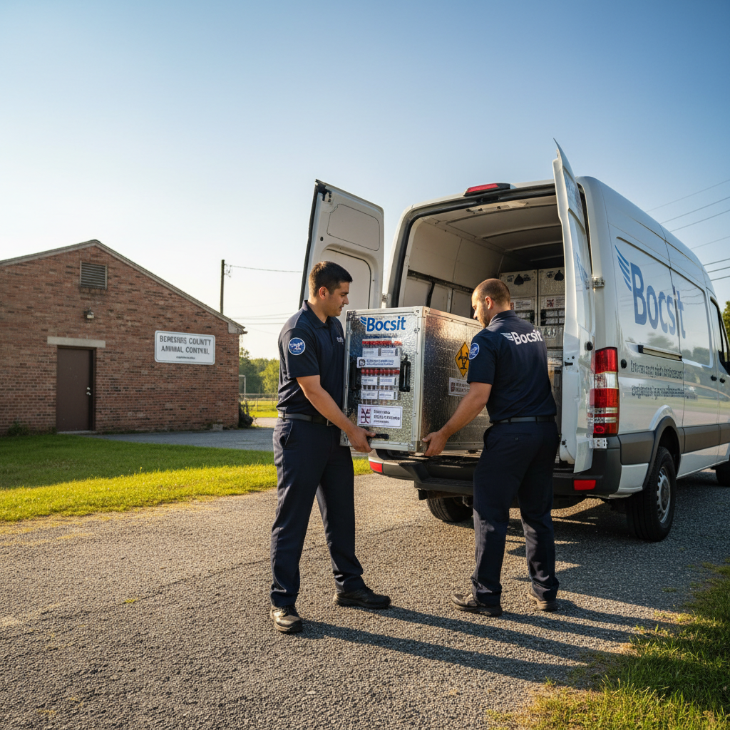 A hyperrealistic, vibrant photograph capturing two Bocsit couriers in branded navy blue Bocsit uniform shirts with visible logo patches, carefully loa