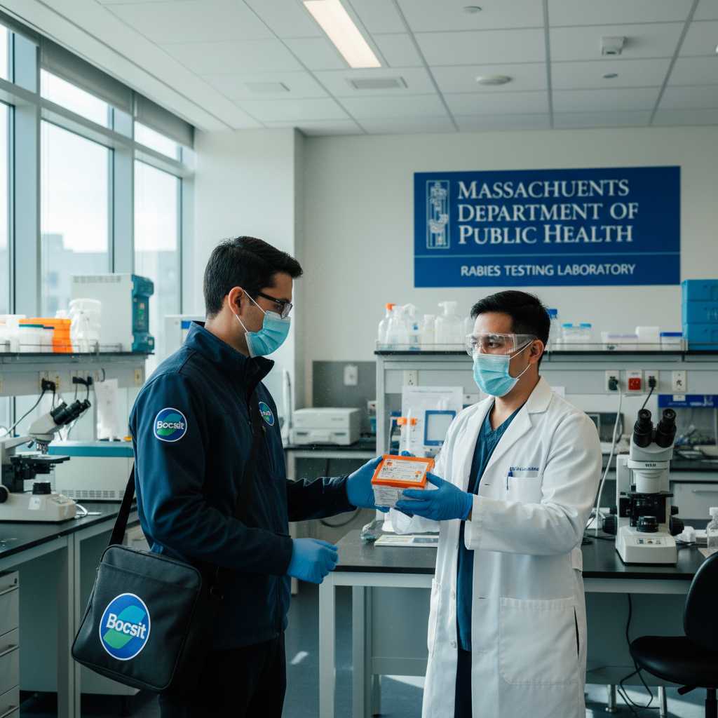 A hyperrealistic, vibrant image featuring a Bocsit courier wearing a branded navy blue Bocsit jacket with a logo patch, handing over a rabies specimen