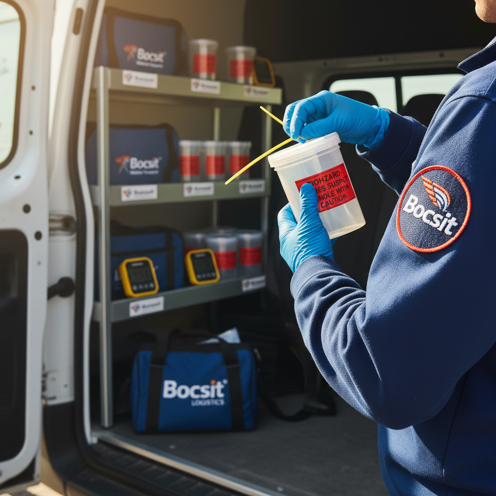 A vibrant, hyperrealistic close-up photograph showing a Bocsit logo patch on a courier's uniform shirt, with gloved hands carefully sealing a rabies s