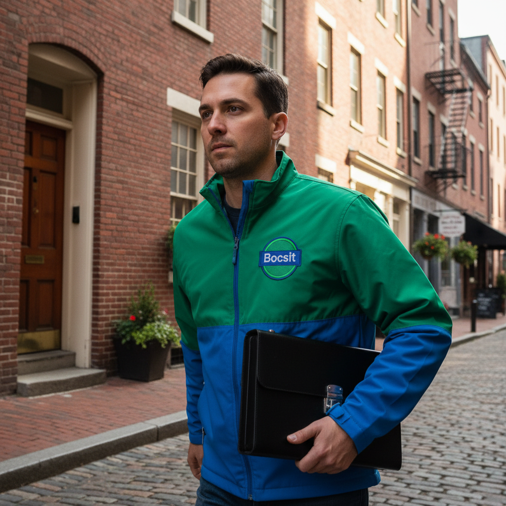 Hyperrealistic close-up of a Bocsit courier a man in his early 30s wearing a B