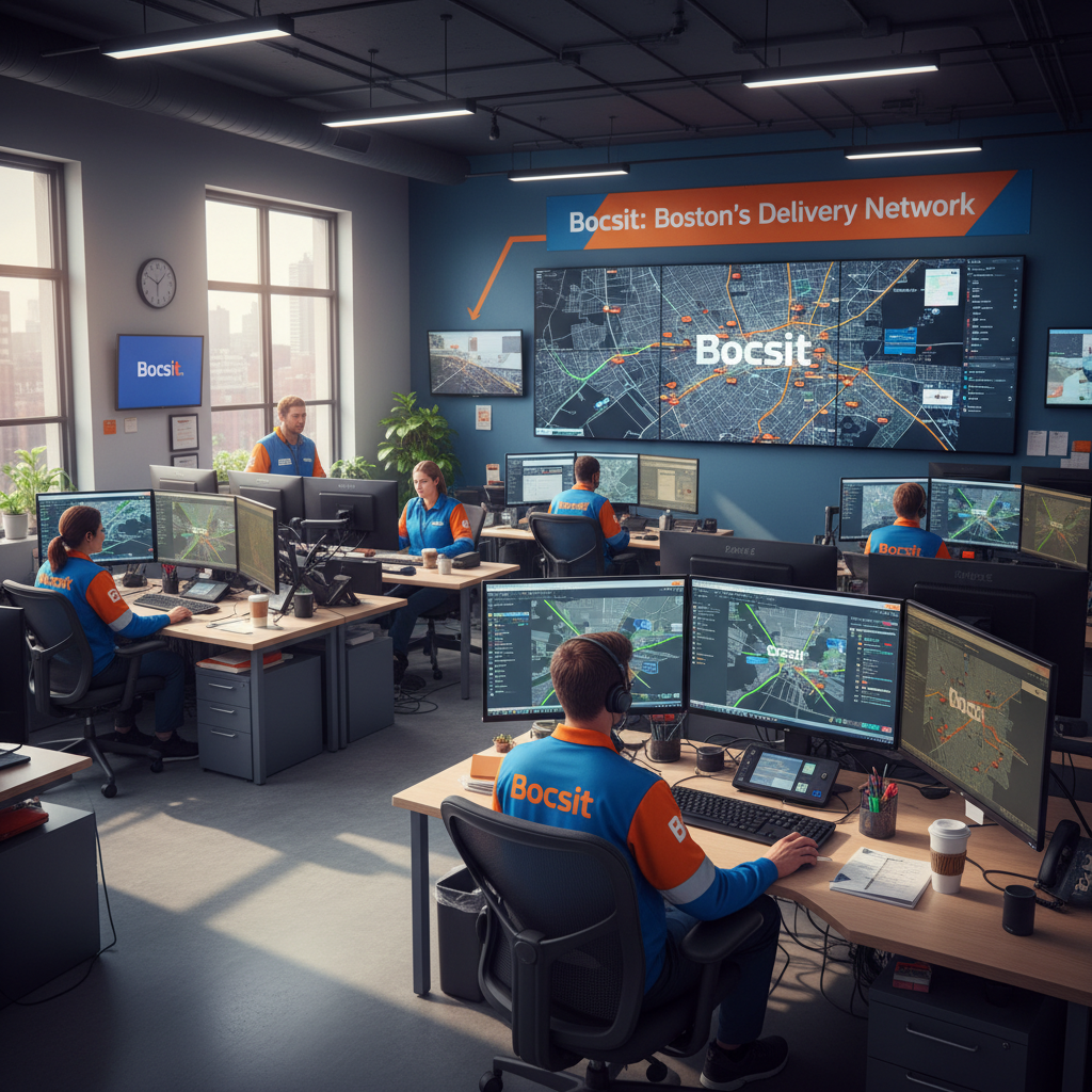 Vibrant and energetic scene inside a Bocsit dispatch center in Boston